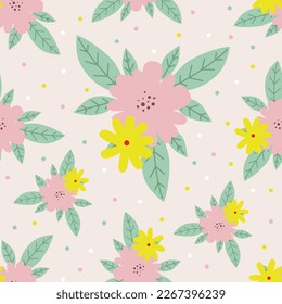 Seamless pattern with pink and yellow flowers and leaves on a background with polka dots. For fabric design, wallpapers, backgrounds, prints, wrapping paper, scrapbooking and more.Vector