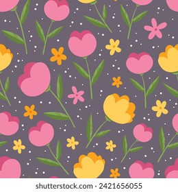 seamless pattern with pink and yellow flowers, cute childish textile design
