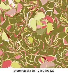 A seamless pattern of pink and yellow flowers on a green background. High quality vector illustration. Suitable for fabric, mural and wrapping paper.