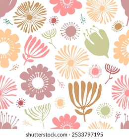 Seamless pattern with pink and yellow flowers in collage technique on a white background