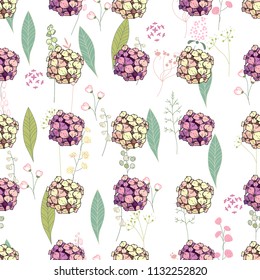 Seamless pattern with pink and yellow hydrangea. Endless texture for floral design.