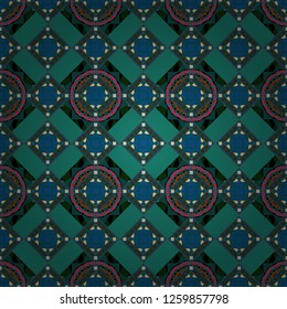 Seamless pattern in pink, yellow and orange colors. Vector abstract home decorative ornament, containing from geometric figures and mandalas.