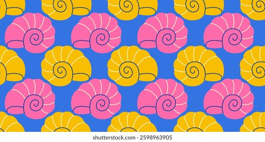 Seamless pattern with pink and yellow sea shells Hand drawn trendy flat style seashell. Tropical beach shells. Summer seamless pattern. Vector illustration
