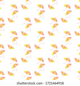 sin inconvenientes, con paraguas rosas y amarillos sobre un fondo blanco. Fondo divertido para tela y otras superficies. Estilo plano vectorial