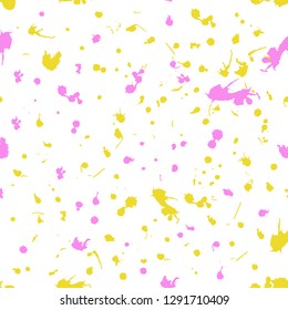 Seamless pattern with pink and yellow watercolor splashes on white background. Abstract vector illustration for textile, cards, posters, prints.  