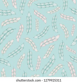 Seamless pattern with pink,gray and aquamarine hand drawn branches on a blue background.Pastel print for fabric,wrapping paper,greeting cards,wallpaper,mugs,background for your design