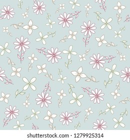 Seamless pattern with pink,green and gray doodle flowers on a light blue background.Pastel print for fabric,wrapping paper,greeting cards,wedding invitations,wallpaper,mugs,background for your design