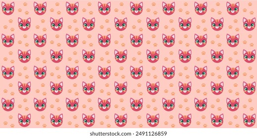 Seamless pattern of pinkish red kittens and hearts with cute decorations.