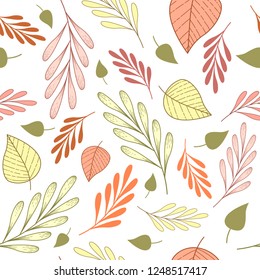 Seamless pattern with pink,orange and green branches and leaves on a white background. Pastel print for fabric, wrapping paper, greeting cards, wedding invitations, wallpaper, mugs, background for your design