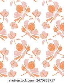 Seamless pattern with pink,orange lilies and peonies on a white background. Surface design. Texture for fabric, wallpaper, paper. Vector illustration.