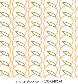 Seamless pattern of pink-orange outline peaches with leaf on a white background.Vector pattern of summer fruits for design fabric, packaging, wrapping paper or tableware. 