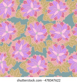 Seamless Pattern with the pink-purple flowers on turquoise background