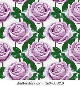 Seamless pattern of pink-purple flowers roses and leaves.