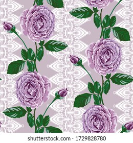 Seamless pattern of pink-purple flowers roses and leaves.