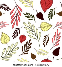Seamless pattern with pink,red,beige,green and brown autumn leaves and branches