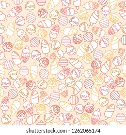 Seamless pattern with pink,yellow,brown,red and orange doodle ice creams on a light pink background.Print for fabric,wrapping paper,wallpaper,background for your design