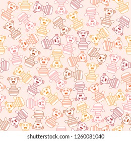 Seamless pattern with pink,yellow,orange,red and brown doodle toy girls on a pink beige background.Print for fabric,wrapping paper,wallpaper,background for your design