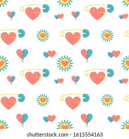 Seamless pattern with pinned heart, heart star, surface design for textile, fabric, wallpaper, wrapping, gift wrapping, paper, scrapbook and packaging. Vector