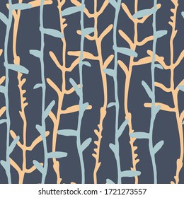 Seamless pattern with pinstripes of hand drawn herbs for surface design, textile, fashion industry and other design projects. Blue background