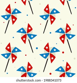 Seamless pattern with pinwheels for USA Independence Day. Background of elements for July 4th in the national colors of the United States of America. Vector illustration for holiday or election.