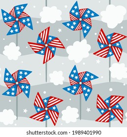 Seamless pattern with pinwheels for USA Independence Day. Background of elements for July 4th in the national colors of the United States of America. Vector illustration for holiday or election.