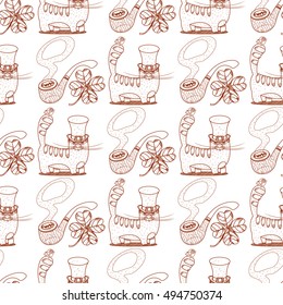 Seamless pattern with a pipe and a cat in a high hat.