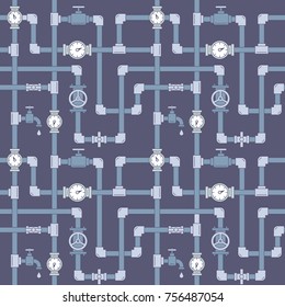 Seamless pattern with pipes, cranes and water meters. Linear illustration. Blue backdrop. Plumbing system illustration.