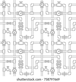 Seamless pattern with pipes, cranes and water meters. Linear illustration. White backdrop. Plumbing system illustration.