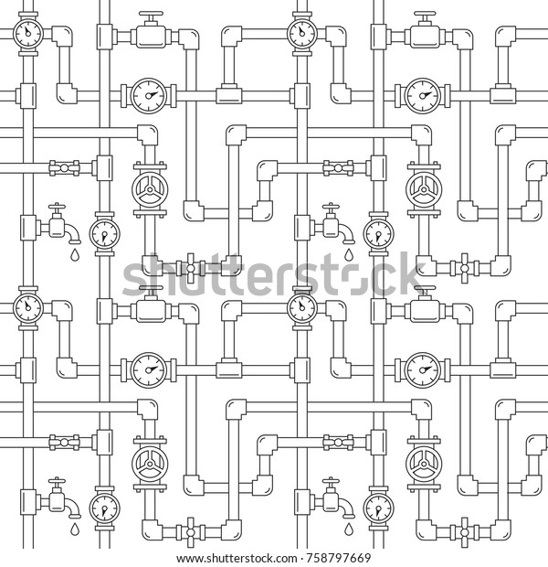 パイプ クレーン 水道メーターを使ったシームレスな模様 線形イラスト 白い背景 給排水衛生設備配管システムのイラスト のベクター画像素材 ロイヤリティフリー