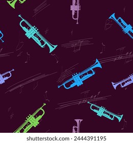 Seamless pattern with pipes and musical notes background. Decorative vector background with a musical theme for textiles, interiors, cotton fabric