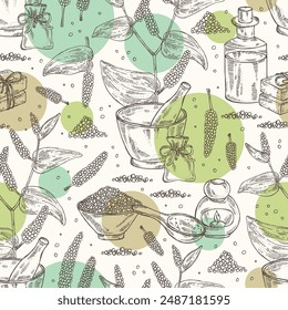 Seamless pattern with pippali: leaves, pippali fruits and long pepper plant. Piper longum. Oil, soap and bath salt . Cosmetics and medical plant. Vector hand drawn illustration