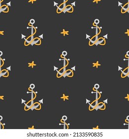 Seamless pattern with pirate anchor on dark background. Childish vector illustration in flat cartoon style. Hand drawn fabric design or package paper.