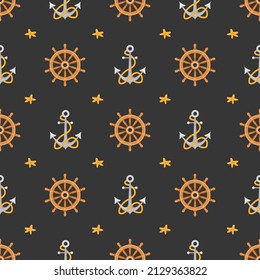 Seamless pattern with pirate anchor and steering wheel on dark background. Childish vector illustration in flat cartoon style. Hand drawn fabric design or package paper.
