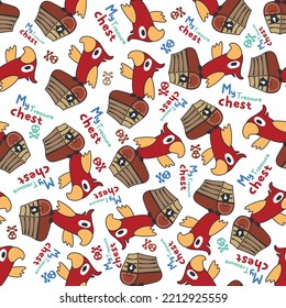 Seamless pattern of pirate bird has found the treasure in cartoon style. Pirate flag, treasure chest. Isolate on a white background. 