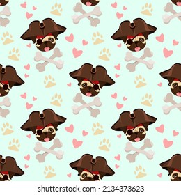 Seamless pattern with a pirate dog. Funny pug. Cartoon design.
