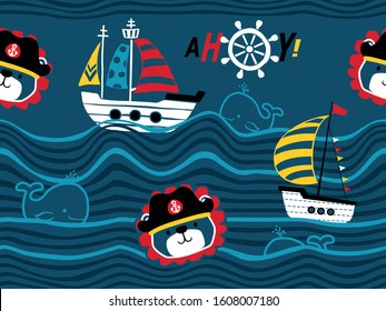 seamless pattern of pirate elements cartoon with cute lion in pirate cap