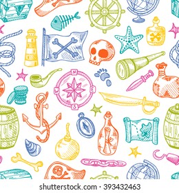Seamless pattern with pirate elements. Hand drawn pirate elements made in vector. Map, flag, anchor, spyglass, lighthouse, roger, treasure, ahoy, bone, money, rum, bottle, palm, cannonball and other.