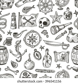 Seamless pattern with pirate elements. Hand drawn pirate elements made in vector. Map, flag, anchor, spyglass, lighthouse, roger, treasure, ahoy, bone, money, rum, bottle, palm, cannonball and other.