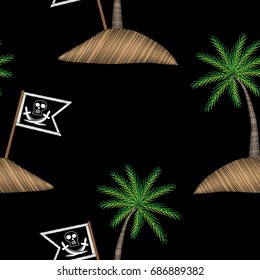 Seamless pattern with pirate flag with palm tree embroidery stitches imitation. Embroidery vector background with pirates flag and exotic palm tree. 