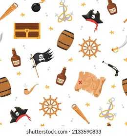 Seamless pattern with pirate flag, treasure and map. Childish vector illustration in flat cartoon style. Hand drawn fabric design or package paper.