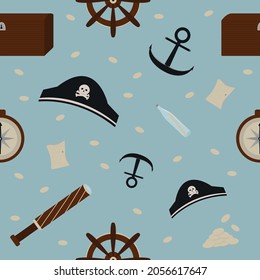 Patrón sin inconvenientes con sombrero pirata, volante, vidrio espía, monedas, pecho, brújula, ancla y mapa