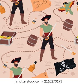 Seamless pattern of pirate items, treasure chest, flag, parrot, map, barrel, sword, poison, rum. Cartoon vector illustration in flat style. 