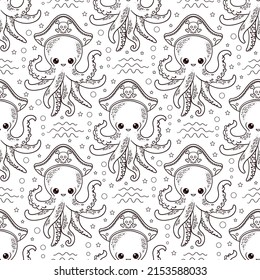 Seamless pattern with pirate octopus. Black and white. Vector