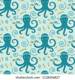 Seamless Muster Piraten Tintenfisch Meeresalgen unter Wasser Leben. Doodle Hand gezeichnete Babyskandinavische Kinder digitale Stoffpapier
