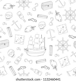 Seamless pattern for pirate party outline. Wallpaper for children in cartoon style. Colorful sea elements. Template for wallpaper, wrapping, textile, fabric. White background.