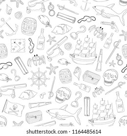 Seamless pattern for pirate party outline. Wallpaper for children in cartoon style. Colorful sea elements. Template for wallpaper, wrapping, textile, fabric. White background. Pirates coloring book.