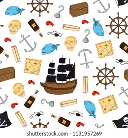 Seamless pattern for pirate party. Wallpaper for children in cartoon style. Colorful sea elements. Template for wallpaper, wrapping, textile, fabric.
