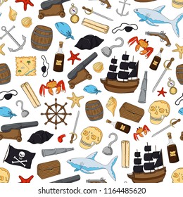 Seamless pattern for pirate party. Wallpaper for children in cartoon style. Colorful sea elements. Template for wallpaper, wrapping, textile, fabric.