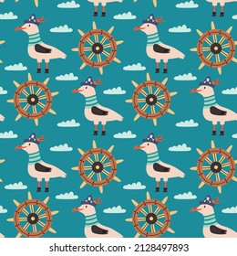 Nube de volante pirata de gaviota sin foco. Doodle Hand dibujó a la niñera de estilo escandinavo niños de tela textil digital papel