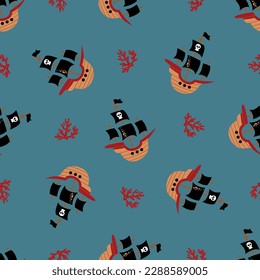 Seamless pattern with pirate ships. Design for fabric, textile, wallpaper, packaging.